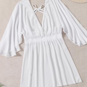 Plus Size Chiffon Flounce Cover Ups; Women's Plus Solid Elegant Bikini Tops Cover Ups - White - 3XL(18)