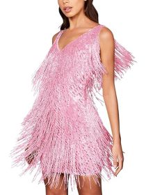Women's Layered Fringe Deep V Neck Mini Dress Sleeveless Tassels Flapper Dresses - Pink - 4XL