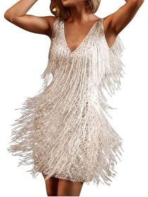 Women's Layered Fringe Deep V Neck Mini Dress Sleeveless Tassels Flapper Dresses - white - 3XL
