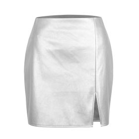Womens Leather Skirt High Waisted Stretchy Slit Faux Pleather Mini Skirts - silver - XL