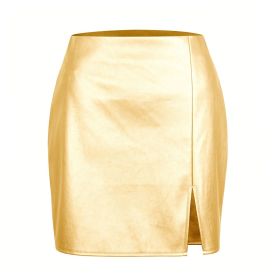 Womens Leather Skirt High Waisted Stretchy Slit Faux Pleather Mini Skirts - gold - XL