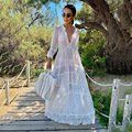 Crochet White Knitted Beach Cover up dress Tunic Long Pareos Bikinis Cover ups Swim Cover up Robe Plage Beachwear - LXF8435W1 - One Size