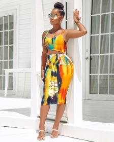 Summer Sexy Temperament Women's Tie-dye Suspender Skirt Set Two-piece Night Club - Yellow - M