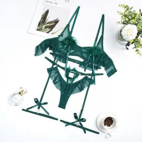 Pompons Pleated Skirt See Through Comfortable Mesh Sexy Lingerie Set - S - Blackish Green