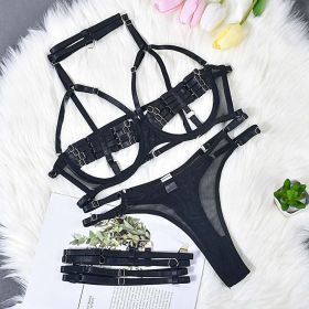 Lingerie Sexy Temptation Complex Shoulder Strap Interwoven Four Piece Suit Steel Ring Sexy Uniform - S - Black