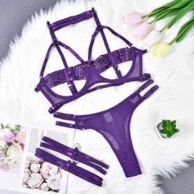 Lingerie Sexy Temptation Complex Shoulder Strap Interwoven Four Piece Suit Steel Ring Sexy Uniform - M - Purple