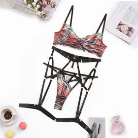 Sexy Lingerie Suit Color Pattern Tie Dyed Printed Sexy Mesh Split Four Piece Set - M - Multi