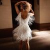Women's Layered Fringe Deep V Neck Mini Dress Sleeveless Tassels Flapper Dresses - white - 3XL