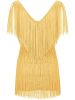 Women's Layered Fringe Deep V Neck Mini Dress Sleeveless Tassels Flapper Dresses - Yellow - L
