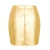 Womens Leather Skirt High Waisted Stretchy Slit Faux Pleather Mini Skirts - gold - XL