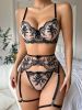 Sexy Lingerie Women Sexy Embroidery Lace Three Points with Cutout Seductive Set - S - Black