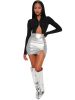 Womens Leather Skirt High Waisted Stretchy Slit Faux Pleather Mini Skirts - silver - L