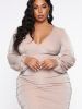 Plus Size V Neck Puff Sleeve Party Bodycon Dress; Women's Plus Sexy Medium Stretch Night Out Dress - Pink - 3XL